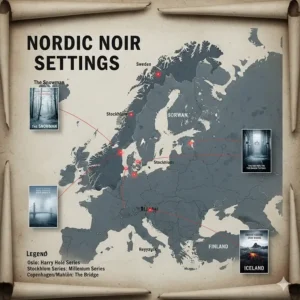 An illustrative map of Scandinavia highlighting key settings from famous Nordic noir books like Oslo, Stockholm, and Copenhagen.
