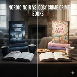 A side-by-side visual comparison between the dark, gritty aesthetic of Nordic noir and the floral, bright covers of British cosy crime fiction.