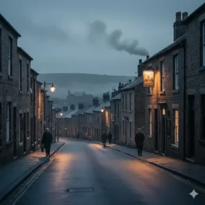 A row of traditional terraced houses in Northern England under a grey sky, representing the regional setting of modern British realism.