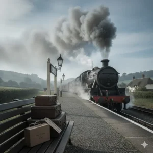 A 1940s British steam train at a rural station with vintage suitcases and a gas mask box on the platform.