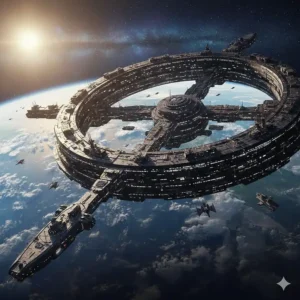 A massive, rotating orbital space station above a futuristic Earth-like planet, showcasing the scale of space opera settings.