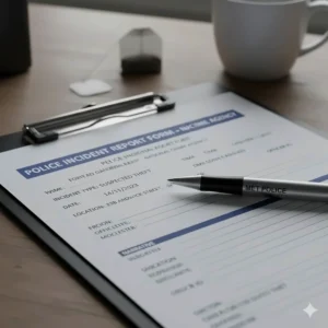 A close-up of an official Police Incident Report form on a clipboard with a Met Police branded pen and a tea bag in the background.