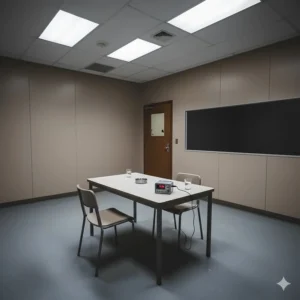 A sparse, brightly lit police interview room with a digital audio recorder on the table between two empty chairs.