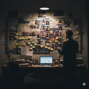 A detective standing before a complex investigation board filled with suspect photos, maps, and red string used to track a criminal case.
