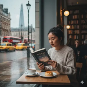 A person sitting in a cosy London cafe reading a debut novel by a rain-streaked window with red buses visible outside.
