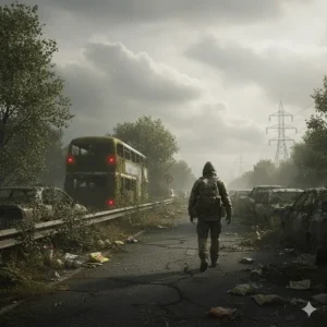 An illustration of a survivor walking through an overgrown, abandoned UK motorway with rusted cars and wild flora.