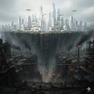 A vertical diagram showing a wealthy uphill city above a derelict industrial zone, representing social inequality in the genre.