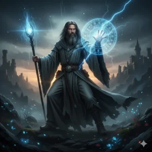 A sorcerer wielding blue arcane energy, illustrating the magic system within a modern epic fantasy series.