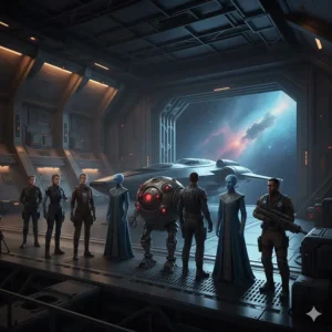 A diverse crew of space travellers, including a pilot, a robot, and an alien diplomat, standing in a starship hangar.
