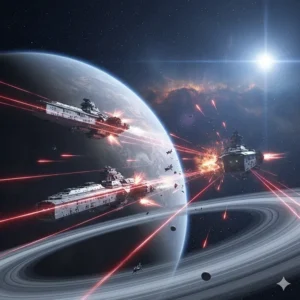 An intense interstellar battle scene from a space opera novel featuring massive capital ships and laser fire near a ringed planet.