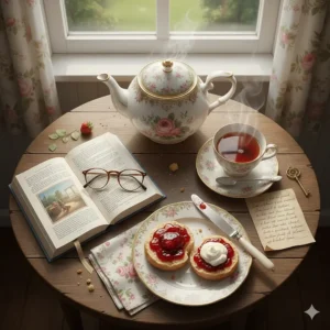 A high-detail flat lay of a floral teapot, a cup of English breakfast tea, and a scone with jam and clotted cream next to an open mystery novel.