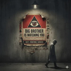 A propaganda poster on a concrete wall with a large watchful eye, illustrating themes of state surveillance in dystopian novels.