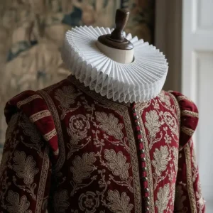 A close-up illustration of a velvet doublet and lace ruff, highlighting the rich fashion of the Tudor period.