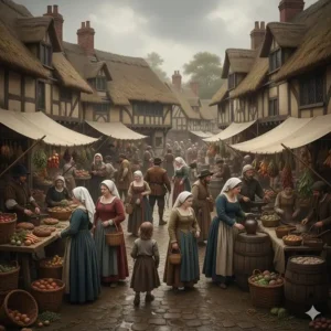 An illustration of a bustling Tudor market square in a provincial English town with thatched-roof cottages.