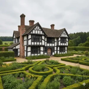 A classic black-and-white timber-framed Tudor manor house set in a formal English knot garden.