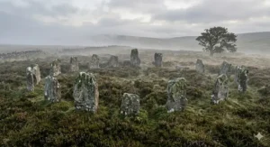 A haunting scene of ancient standing stones in the British countryside, a common trope in UK folk horror literature.