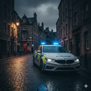 A modern British police car with blue flashing lights on a rain-slicked Edinburgh street lined with historic stone buildings at dusk.