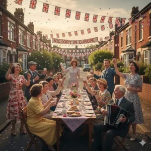 Neighbours holding a VE Day street party in a British cul-de-sac with Union Jack bunting.