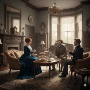 A Victorian drawing room scene where characters engage in tea and conversation, reflecting 19th-century British social etiquette.