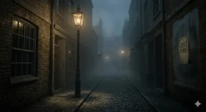 A flickering gaslamp on a foggy London street, illustrating the setting of traditional Victorian British ghost stories.
