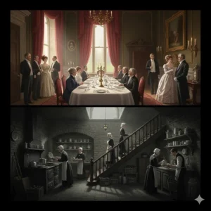 A depiction of the social hierarchy in Victorian era fiction, showing a grand dining room and domestic staff in a British estate.