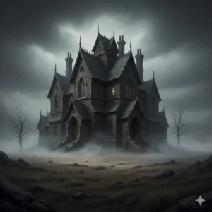 An illustration of a brooding Gothic manor on a moor, a common setting in Victorian era fiction and penny dreadfuls.