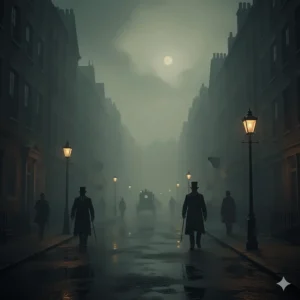 A gas-lit London street shrouded in thick fog with figures in top hats, representing the urban gothic setting of Jekyll and Hyde.