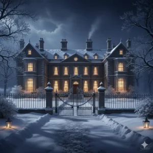 A snow-covered English manor house at night with glowing windows, representing a traditional "locked-room" winter mystery setting.