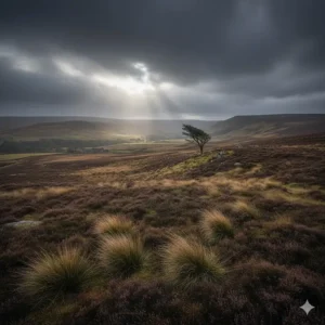 A desolate, windswept landscape of the Yorkshire heaths under a moody sky, inspired by the gothic elements of Wuthering Heights.