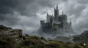 A photorealistic close-up of leather-bound dark fantasy novels on a rustic wooden table, featuring an open book with a dragon illustration next to a flickering beeswax candle in a traditional library.