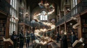 Students and a professor in a grand, gothic British library watching books swirl through the air in a magical spiral.
