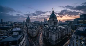 A detailed portrait of a pensive British barrister wearing a traditional horsehair wig and black gown, holding an aged law book in a sunlit chambers library.