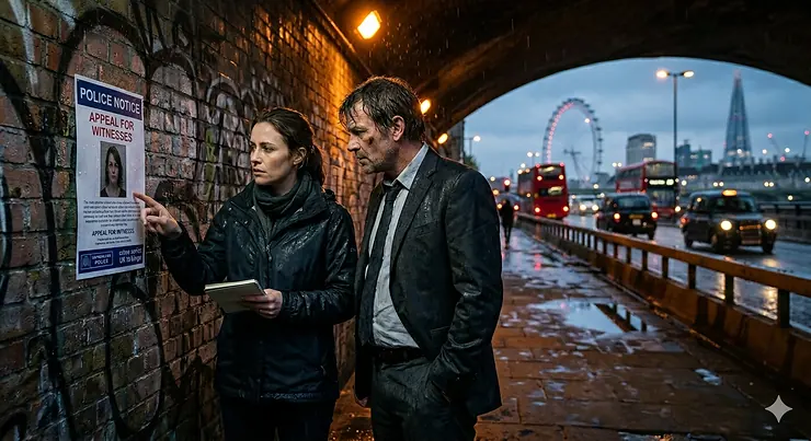 A photorealistic 4K photograph of two serious British detectives examining an Appeal for Witnesses police notice on a worn brick wall in a London underpass at twilight, perfect for a crime series UK to binge. crime series UK to binge