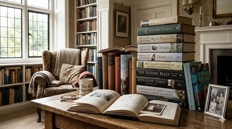 Alt text for image 1: A stack of classic family saga books including The Forsyte Saga and Poldark on a wooden table in a sunlit British library. family saga books