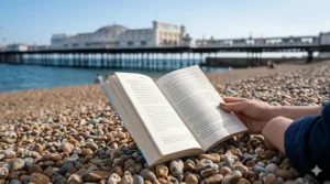 A high-detail photograph of a person reading a paperback book while sitting on a detailed pebble beach in Brighton with the pier in the distance.