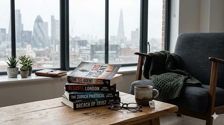 A stack of contemporary spy thriller books on a wooden coffee table in a London flat, with a rainy City of London skyline and The Shard visible through the window. spy thriller books
