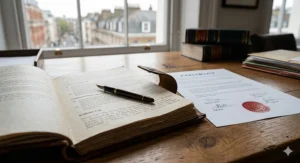 A wide, photorealistic view of a wood-panelled British Crown Court interior with barristers in traditional wigs and gowns seated at their desks under natural light from high windows.