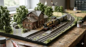 A detailed scale model of a traditional British railway station with a steam locomotive, used for planning a covert operation in an espionage novel.