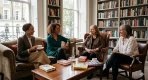 A photorealistic 4K photograph capturing four prominent British women writers and previous Women's Prize winners in relaxed conversation at a literary event in London.