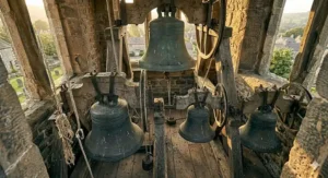 An ethereal fae warrior with shimmering wings standing in an ancient bluebell wood in England, showcasing Celtic-inspired paranormal romance lore.