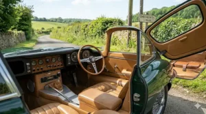 The interior of a classic British car featuring a wood-rimmed steering wheel, tan leather upholstery, and a polished walnut veneer dashboard with analogue gauges.