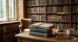 A scholarly wooden desk in a British library featuring a stack of vintage spy novels, a classic brass lamp, and a cup of tea.