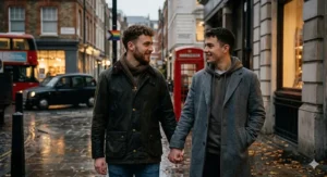A photorealistic scene of two men holding hands while walking past a traditional red telephone box and a black cab on a rainy London street, representing contemporary LGBTQ+ romance fiction.