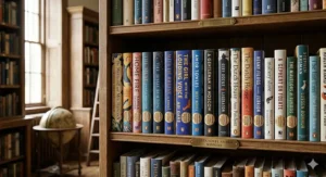 Best Novel category winners of the Costa Book Awards displayed on a traditional wooden library shelf with visible gold prize labels.