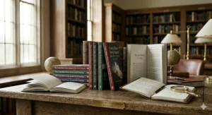 A conceptual photograph representing the Costa Short Story Award, featuring an open leather notebook, handwritten notes, and finalists' anthologies.