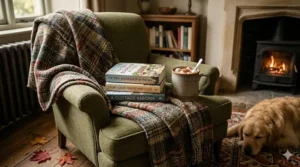 A cosy indoor scene featuring a stack of feel-good novels and a mug of cocoa on a tartan woollen blanket by a stone fireplace.