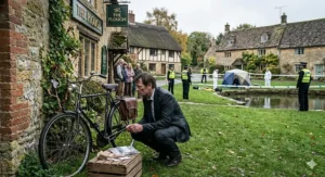 A photorealistic scene of a rugged British Detective Inspector crouched in the ivy of a Cotswold village pub, examining a clue found near a leaning vintage bicycle, typical of a cosy crime series UK to binge.