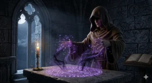 A hooded sorcerer in a brown robe casting a dark magic spell over a stone altar, with purple energy rising from glowing runes in a candlelit vaulted chamber.