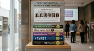 A photorealistic 4K photograph capturing an elegant curated exhibition stand within a British cultural venue, celebrating debut novelists who have won the Women's Prize for Fiction.