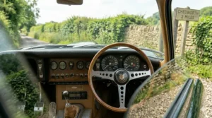 The driver's perspective from a classic British car, looking over the wooden steering wheel and through the windscreen at a signpost for a village in the Cotswolds.